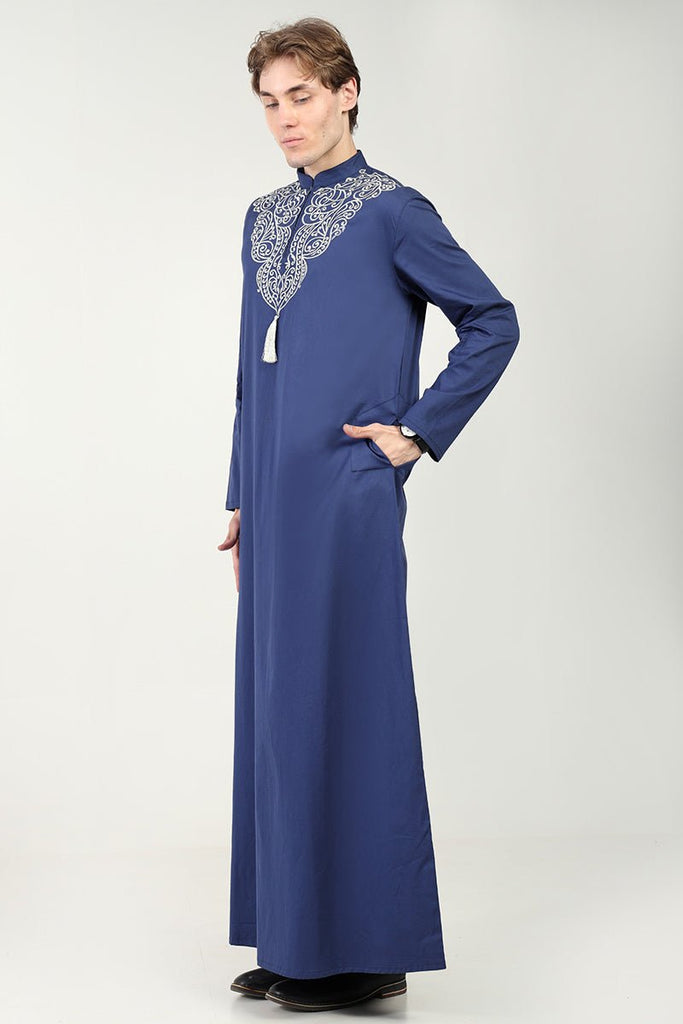 Elegant Cotton Twill Formal Thobe with Ornamental Embroidery & Tassel Detail - Navy - EastEssence.com