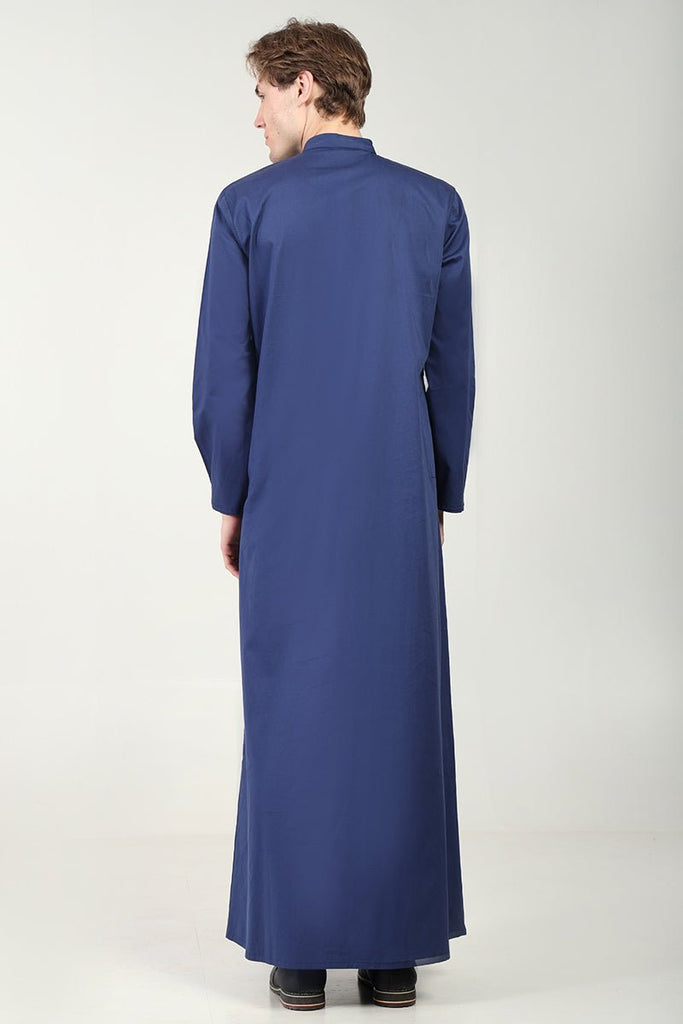 Elegant Cotton Twill Formal Thobe with Ornamental Embroidery & Tassel Detail - Navy - EastEssence.com