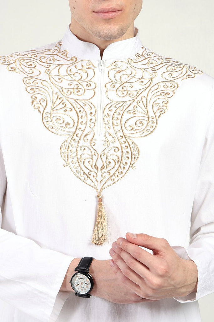 Elegant Cotton Twill Formal Thobe with Ornamental Embroidery & Tassel Detail - White - EastEssence.com