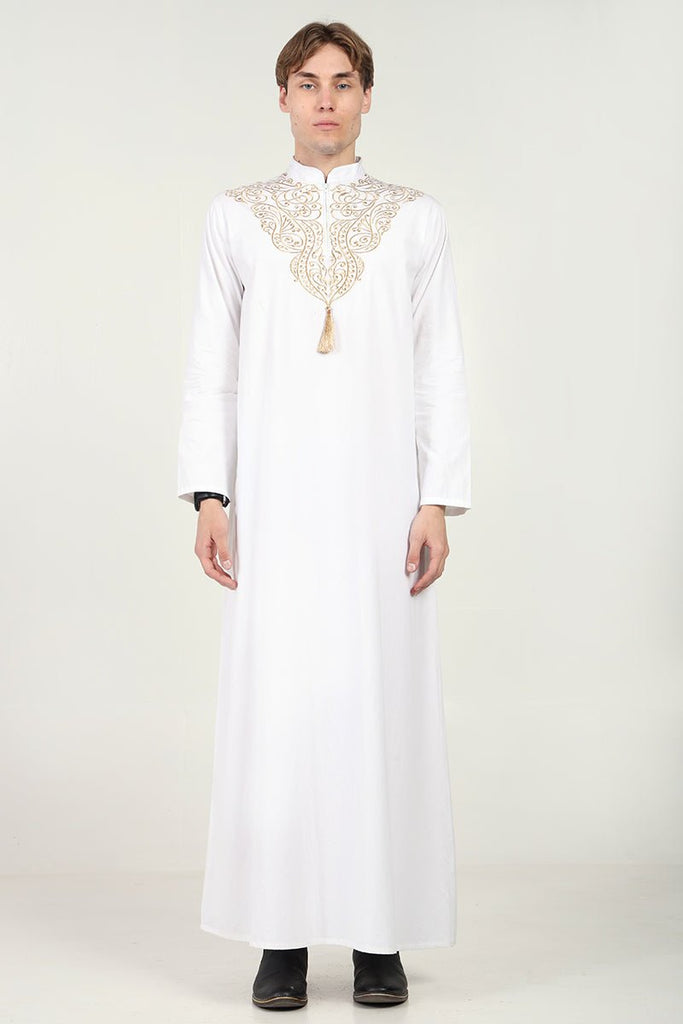 Elegant Cotton Twill Formal Thobe with Ornamental Embroidery & Tassel Detail - White - EastEssence.com