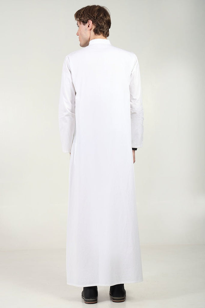 Elegant Cotton Twill Formal Thobe with Ornamental Embroidery & Tassel Detail - White - EastEssence.com