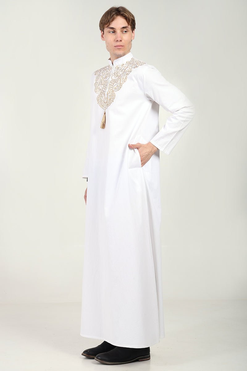 Elegant Cotton Twill Formal Thobe with Ornamental Embroidery & Tassel Detail - White - Final Sale - EastEssence.com