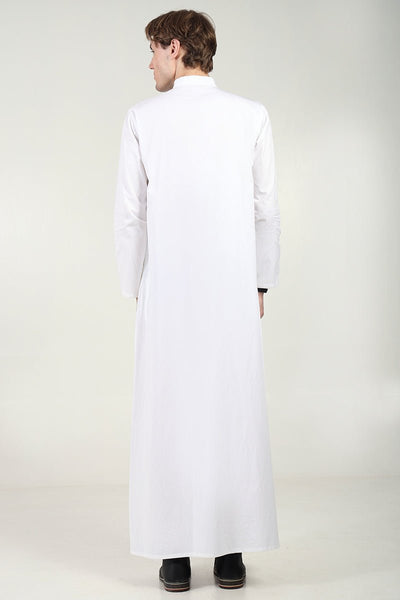 Elegant Cotton Twill Formal Thobe with Ornamental Embroidery & Tassel Detail - White - Final Sale - EastEssence.com