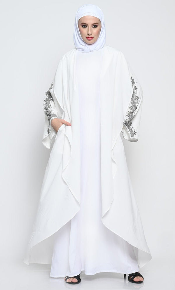 Elegant Crepe Layered Abaya with Embroidered Bell Sleeves and Sleeveless Inner - EastEssence.com