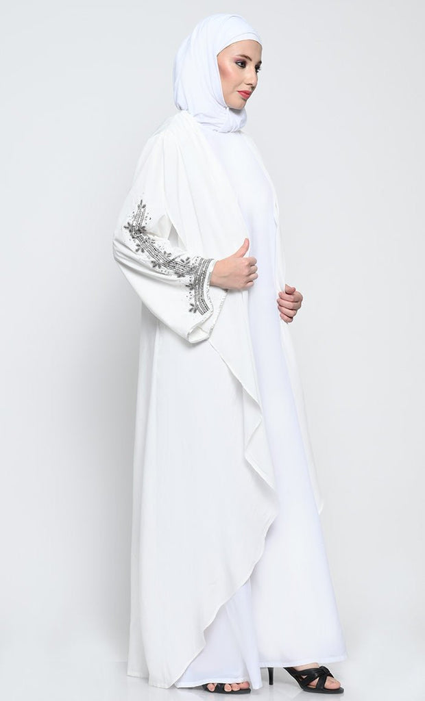 Elegant Crepe Layered Abaya with Embroidered Bell Sleeves and Sleeveless Inner - EastEssence.com