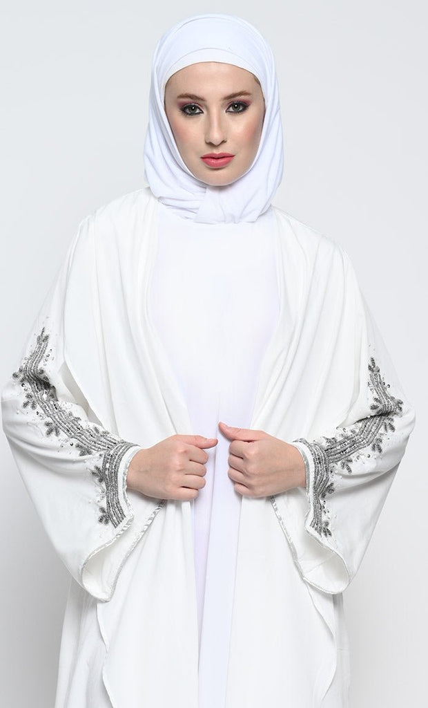 Elegant Crepe Layered Abaya with Embroidered Bell Sleeves and Sleeveless Inner - EastEssence.com