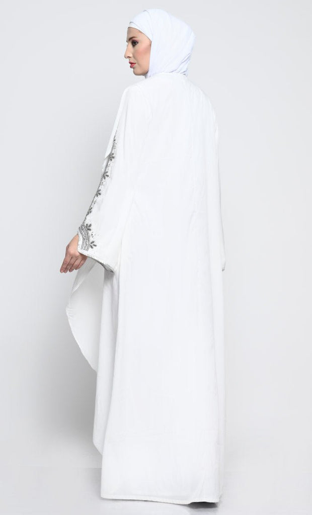 Elegant Crepe Layered Abaya with Embroidered Bell Sleeves and Sleeveless Inner - EastEssence.com