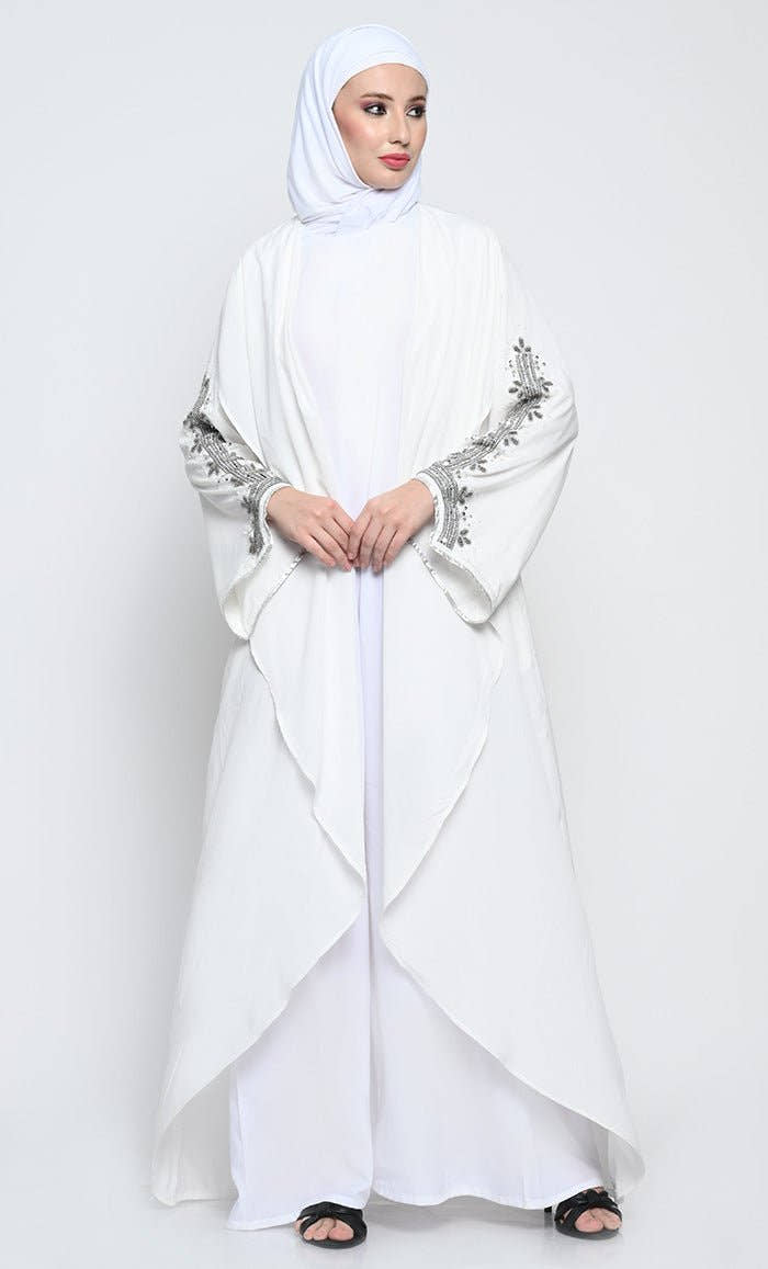 Elegant Crepe Layered Abaya with Embroidered Bell Sleeves and Sleeveless Inner - EastEssence.com