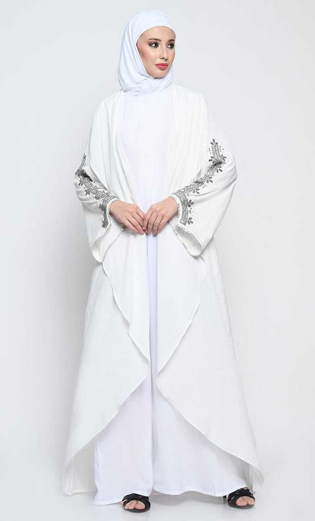 Elegant Crepe Layered Abaya with Embroidered Bell Sleeves and Sleeveless Inner - EastEssence.com