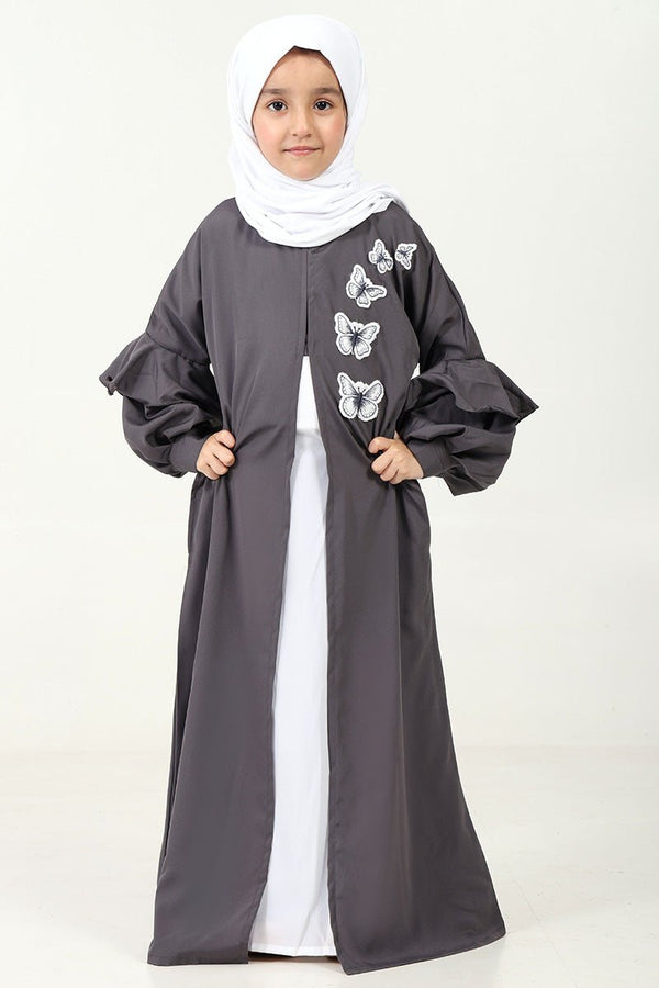 Elegant Double - Layered Crepe Abaya with Embroidery & Contrast Inner Lining - Grey - EastEssence.com