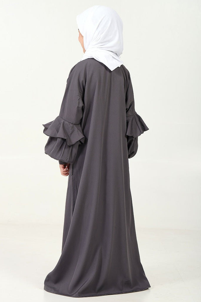 Elegant Double - Layered Crepe Abaya with Embroidery & Contrast Inner Lining - Grey - EastEssence.com