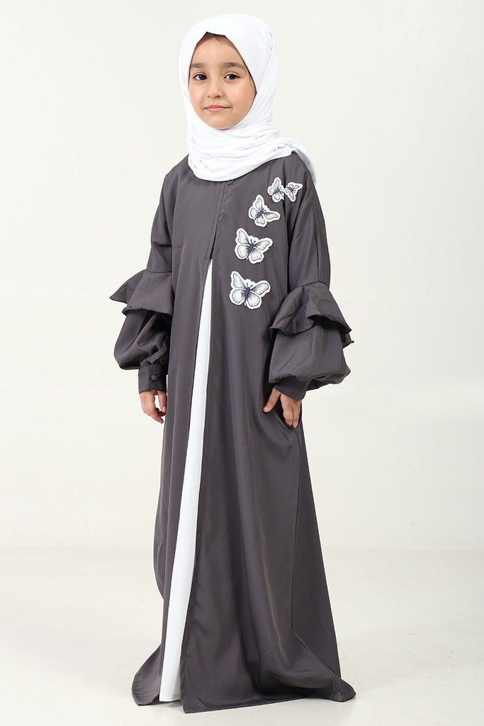 Elegant Double - Layered Crepe Abaya with Embroidery & Contrast Inner Lining - Grey - EastEssence.com