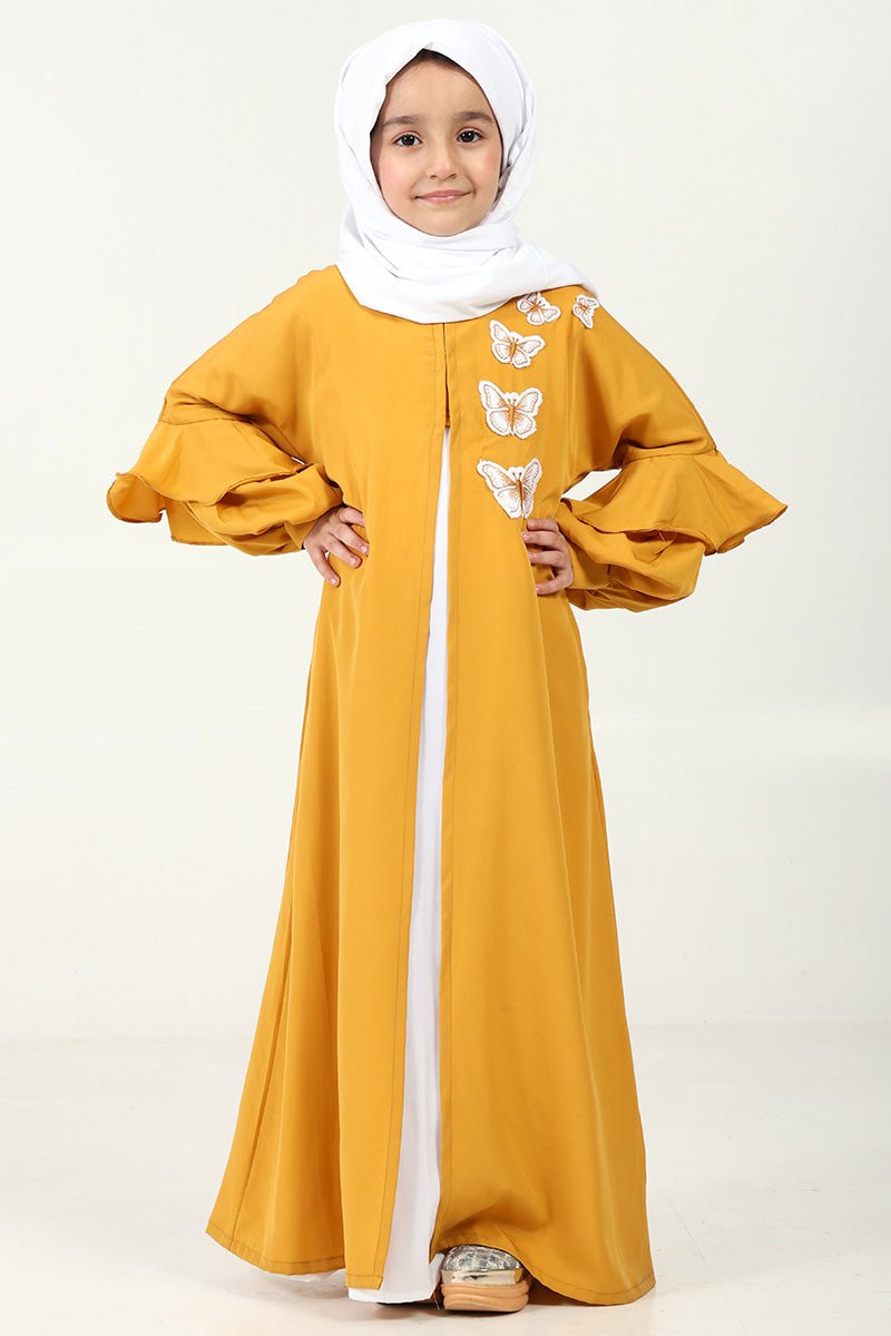 Elegant Double - Layered Crepe Abaya with Embroidery & Contrast Inner Lining - Mustered - EastEssence.com