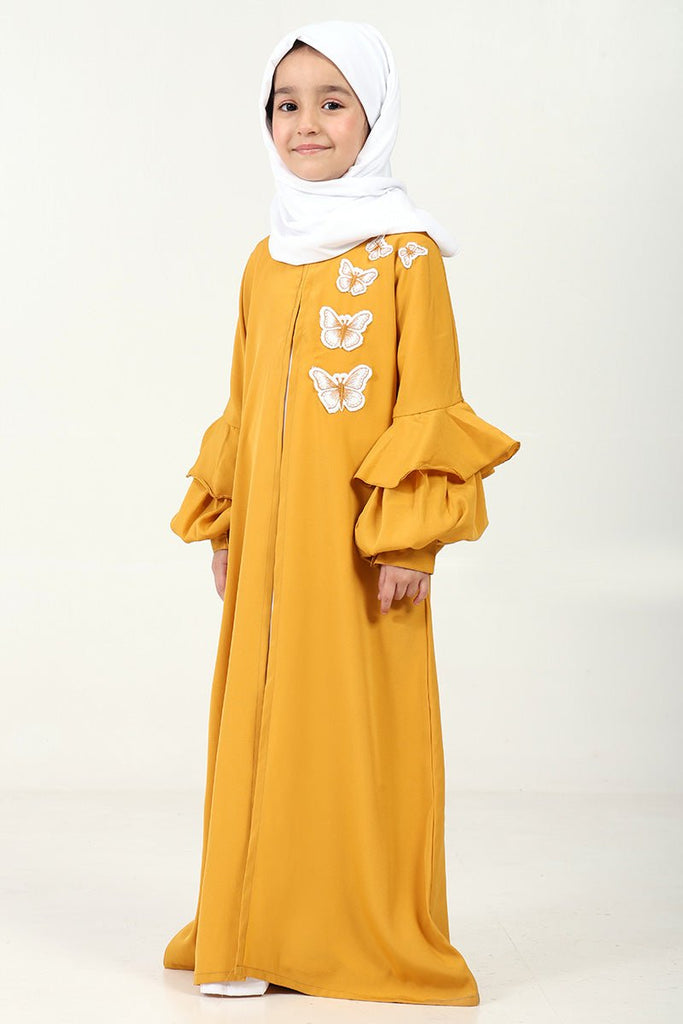 Elegant Double - Layered Crepe Abaya with Embroidery & Contrast Inner Lining - Mustered - EastEssence.com