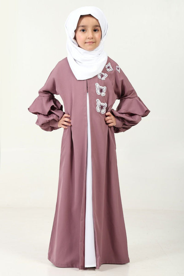Elegant Double - Layered Crepe Abaya with Embroidery & Contrast Inner Lining - Purple - EastEssence.com