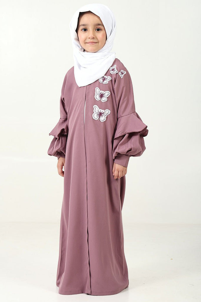 Elegant Double - Layered Crepe Abaya with Embroidery & Contrast Inner Lining - Purple - EastEssence.com