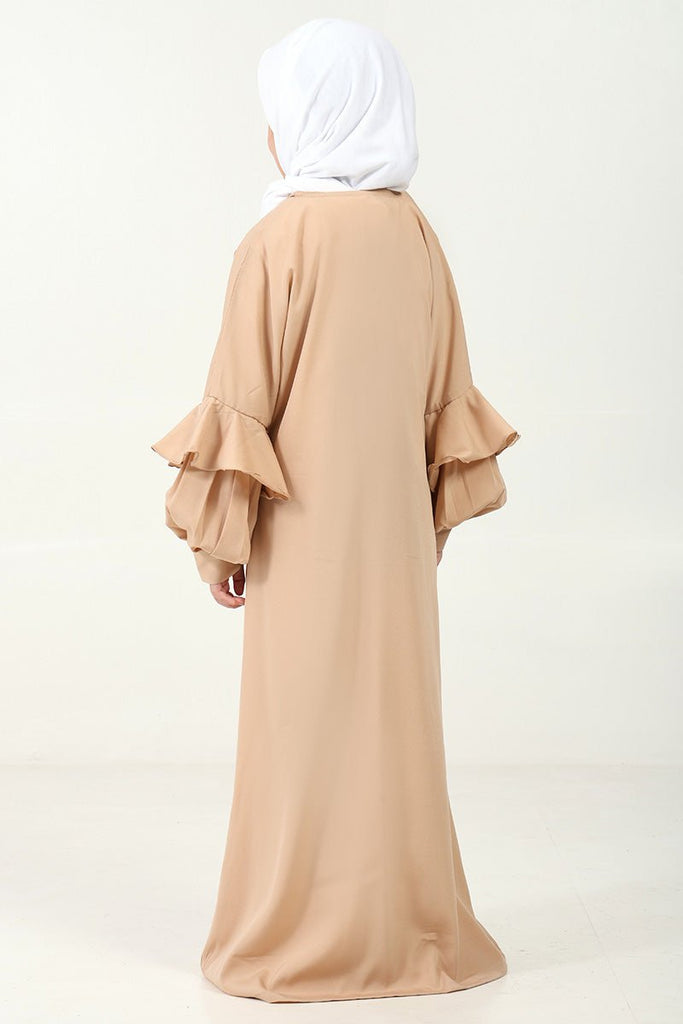 Elegant Double - Layered Crepe Abaya with Embroidery & Contrast Inner Lining - Sand - EastEssence.com