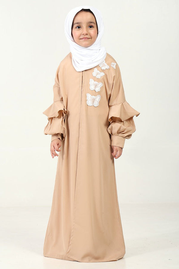 Elegant Double - Layered Crepe Abaya with Embroidery & Contrast Inner Lining - Sand - EastEssence.com