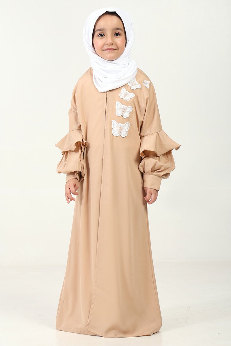 Elegant Double - Layered Crepe Abaya with Embroidery & Contrast Inner Lining - Sand - EastEssence.com
