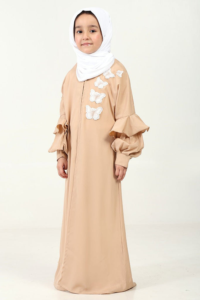 Elegant Double - Layered Crepe Abaya with Embroidery & Contrast Inner Lining - Sand - EastEssence.com