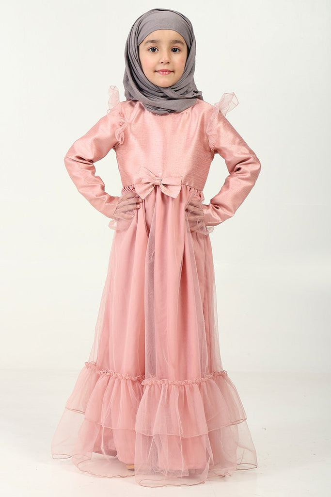 Elegant Dupion Silk Girl’s Abaya with Frill Details & Bow Waist Accent - EastEssence.com