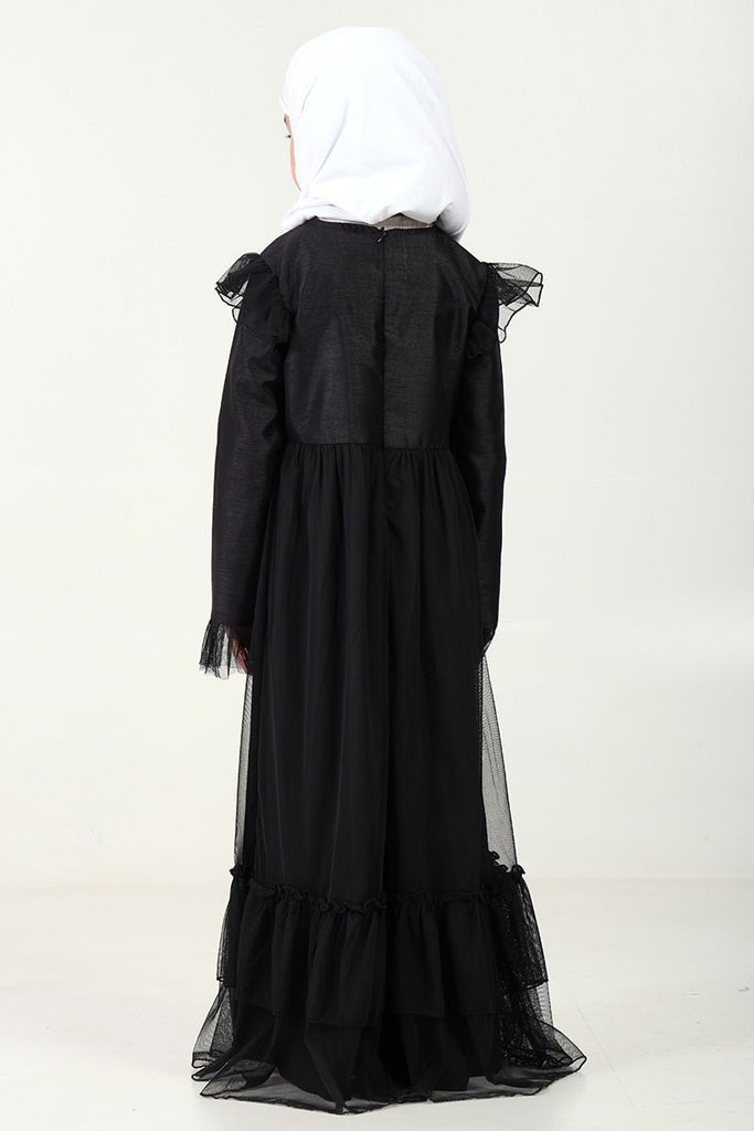 Elegant Dupion Silk Girl’s Abaya with Frill Details & Bow Waist Accent - EastEssence.com