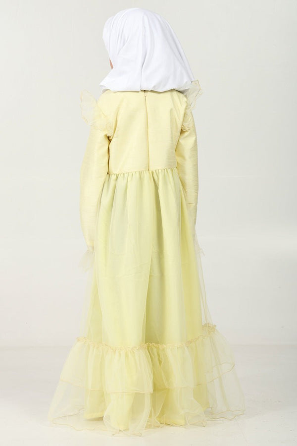 Elegant Dupion Silk Girl?? Abaya with Frill Details & Bow Waist Accent - EastEssence.com