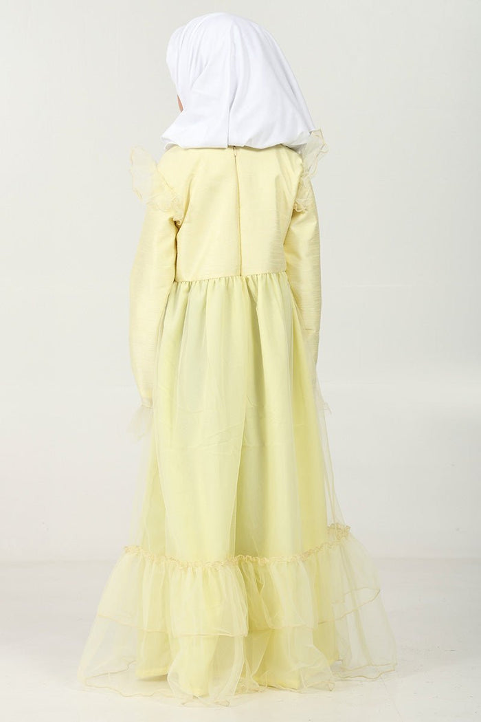 Elegant Dupion Silk Girl’s Abaya with Frill Details & Bow Waist Accent - EastEssence.com