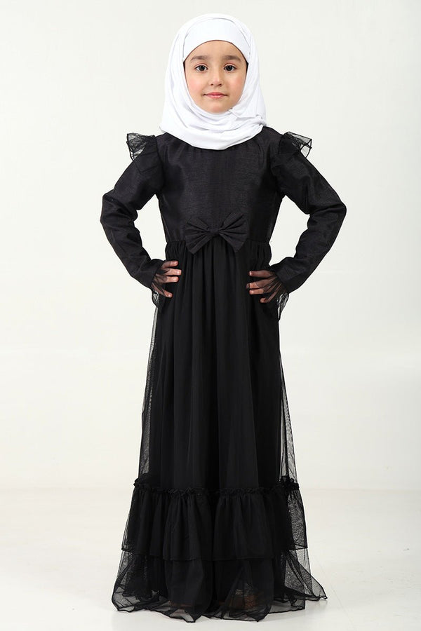 Elegant Dupion Silk Girl?? Abaya with Frill Details & Bow Waist Accent - EastEssence.com