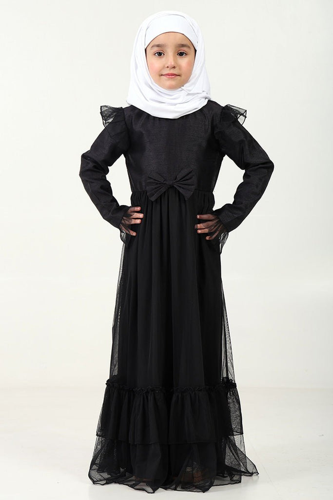 Elegant Dupion Silk Girl’s Abaya with Frill Details & Bow Waist Accent - EastEssence.com