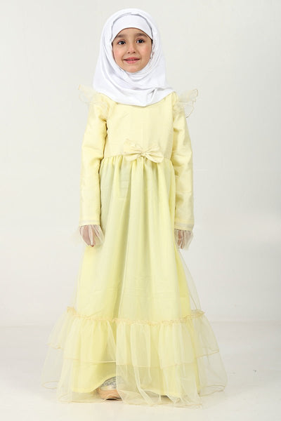 Elegant Dupion Silk Girl’s Abaya with Frill Details & Bow Waist Accent - EastEssence.com