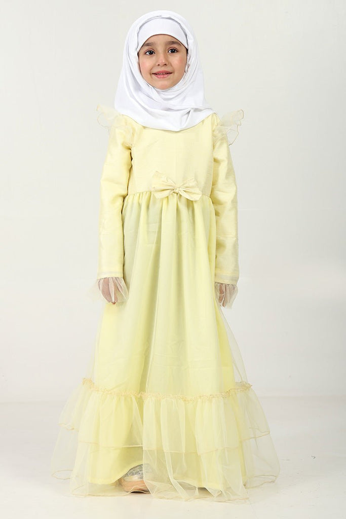 Elegant Dupion Silk Girl’s Abaya with Frill Details & Bow Waist Accent - EastEssence.com