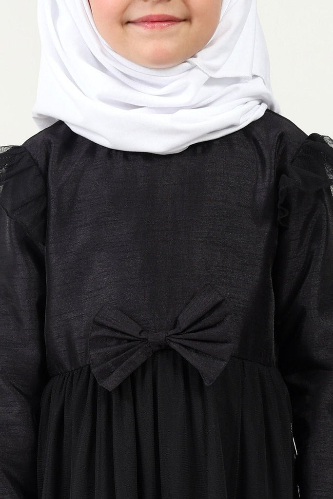 Elegant Dupion Silk Girl’s Abaya with Frill Details & Bow Waist Accent - EastEssence.com