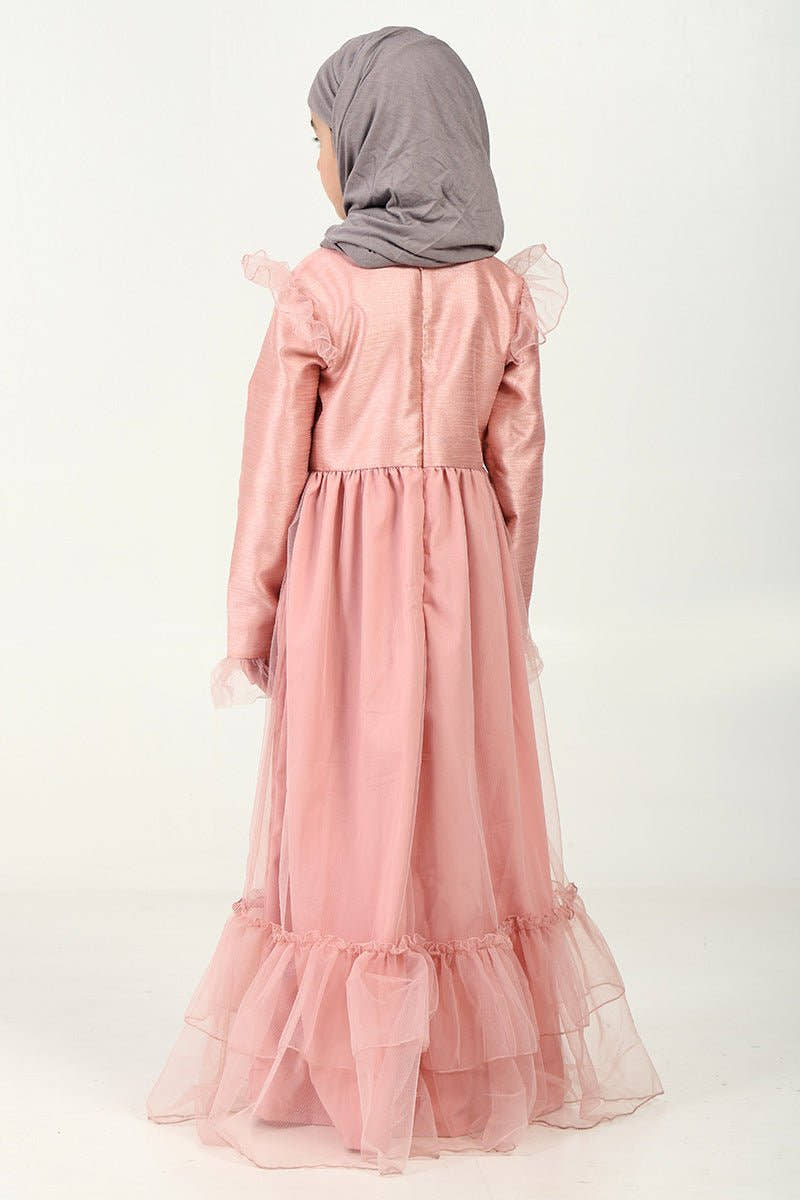 Elegant Dupion Silk Girl?? Abaya with Frill Details & Bow Waist Accent - EastEssence.com