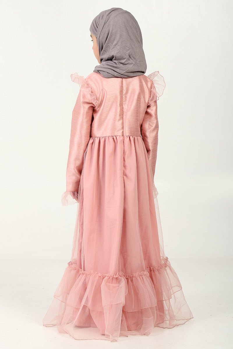 Elegant Dupion Silk Girl?? Abaya with Frill Details & Bow Waist Accent - EastEssence.com