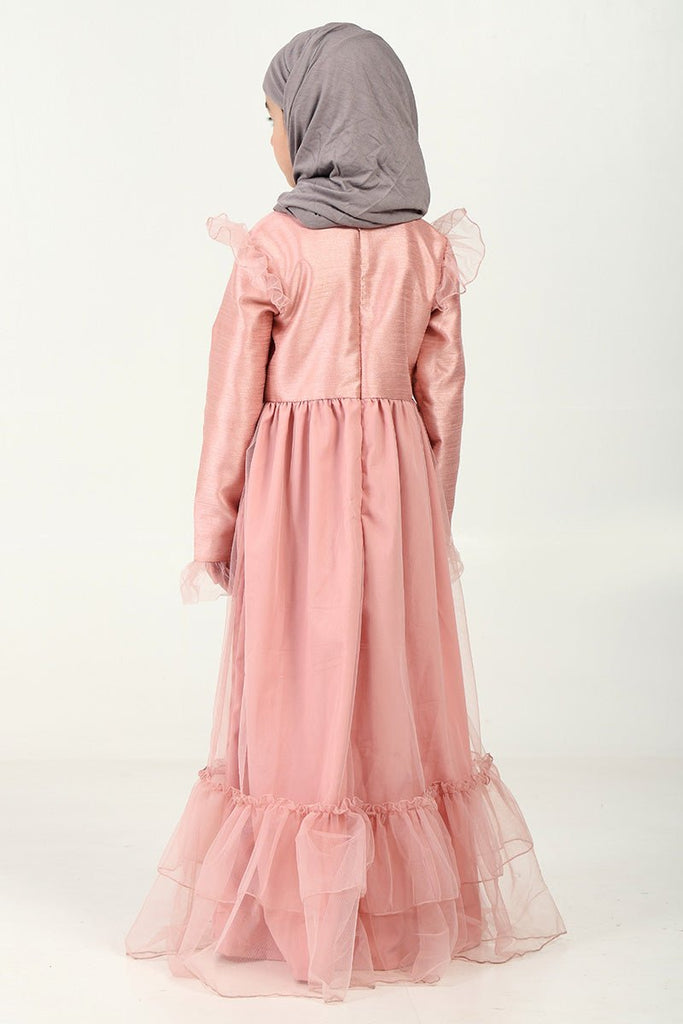 Elegant Dupion Silk Girl’s Abaya with Frill Details & Bow Waist Accent - EastEssence.com