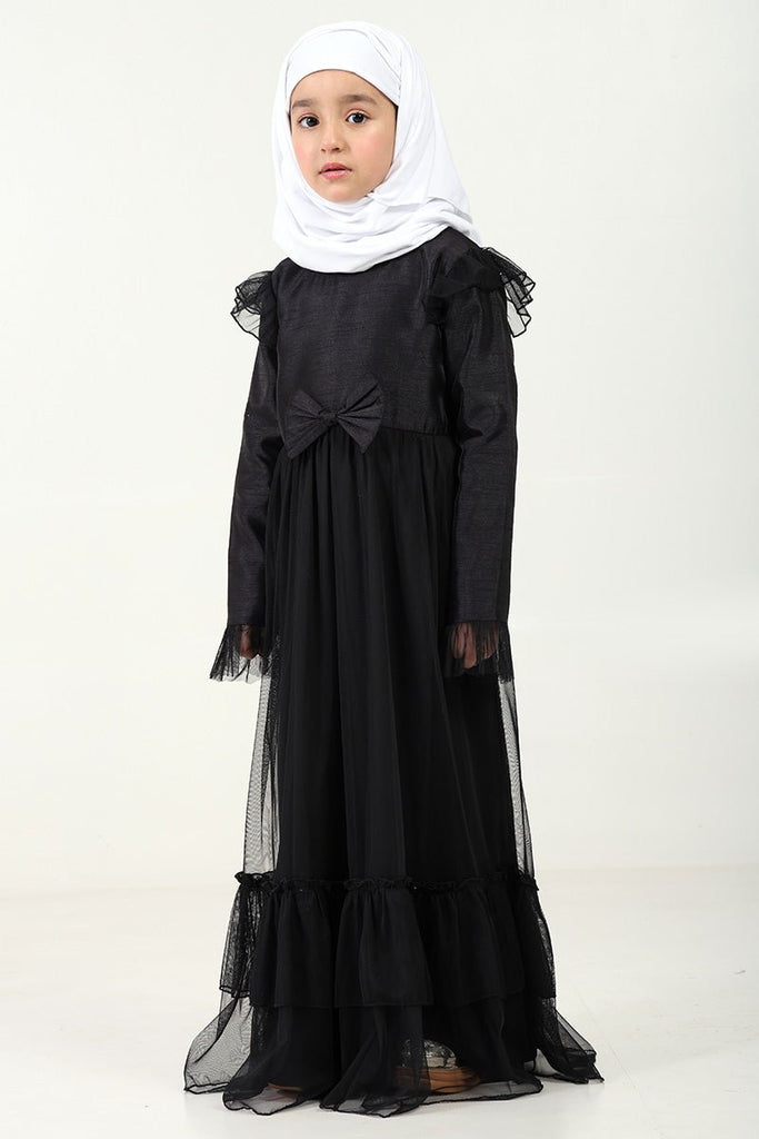 Elegant Dupion Silk Girl’s Abaya with Frill Details & Bow Waist Accent - EastEssence.com