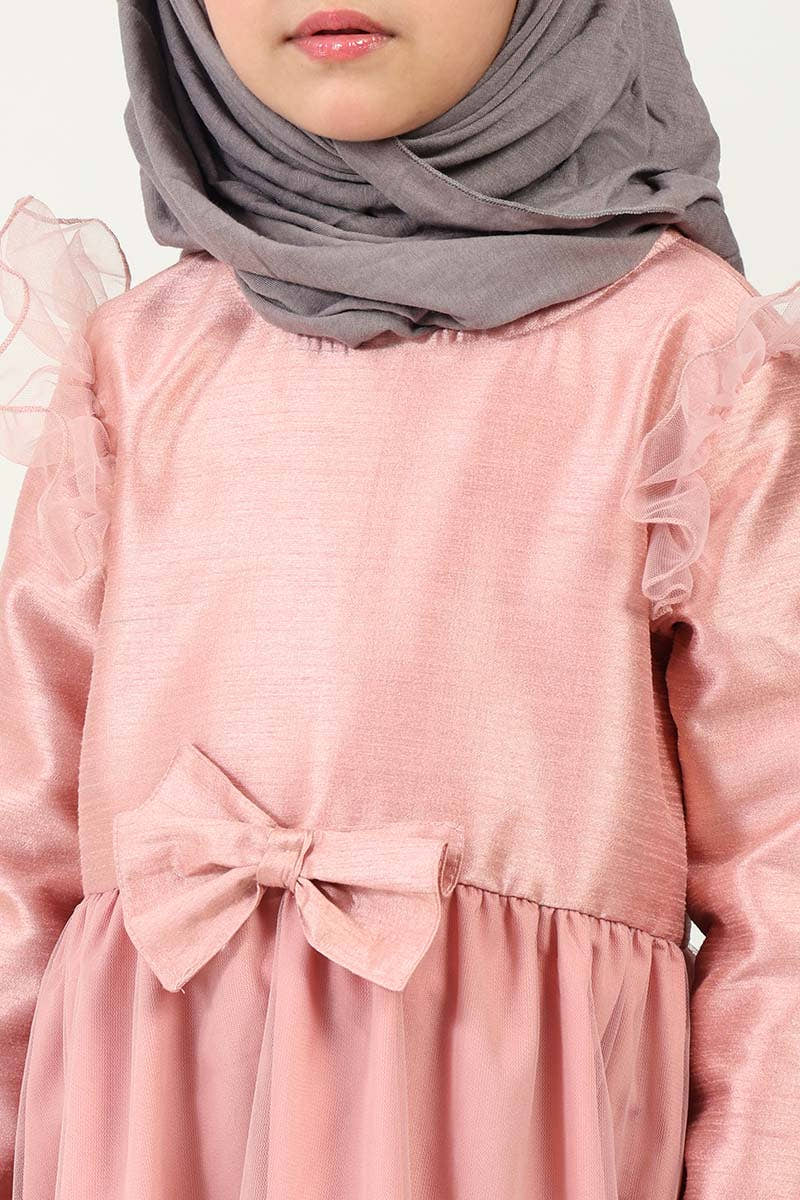 Elegant Dupion Silk Girl?? Abaya with Frill Details & Bow Waist Accent - EastEssence.com