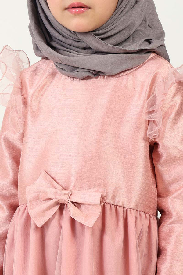 Elegant Dupion Silk Girl?? Abaya with Frill Details & Bow Waist Accent - EastEssence.com