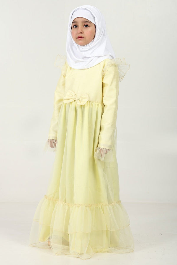 Elegant Dupion Silk Girl?? Abaya with Frill Details & Bow Waist Accent - EastEssence.com