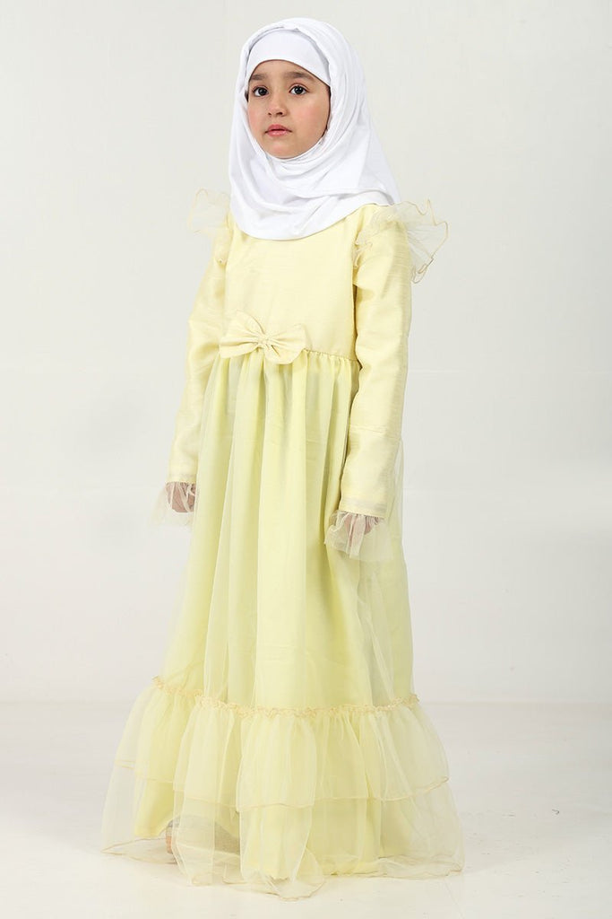 Elegant Dupion Silk Girl’s Abaya with Frill Details & Bow Waist Accent - EastEssence.com