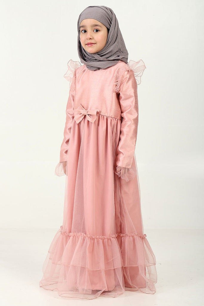 Elegant Dupion Silk Girl’s Abaya with Frill Details & Bow Waist Accent - EastEssence.com