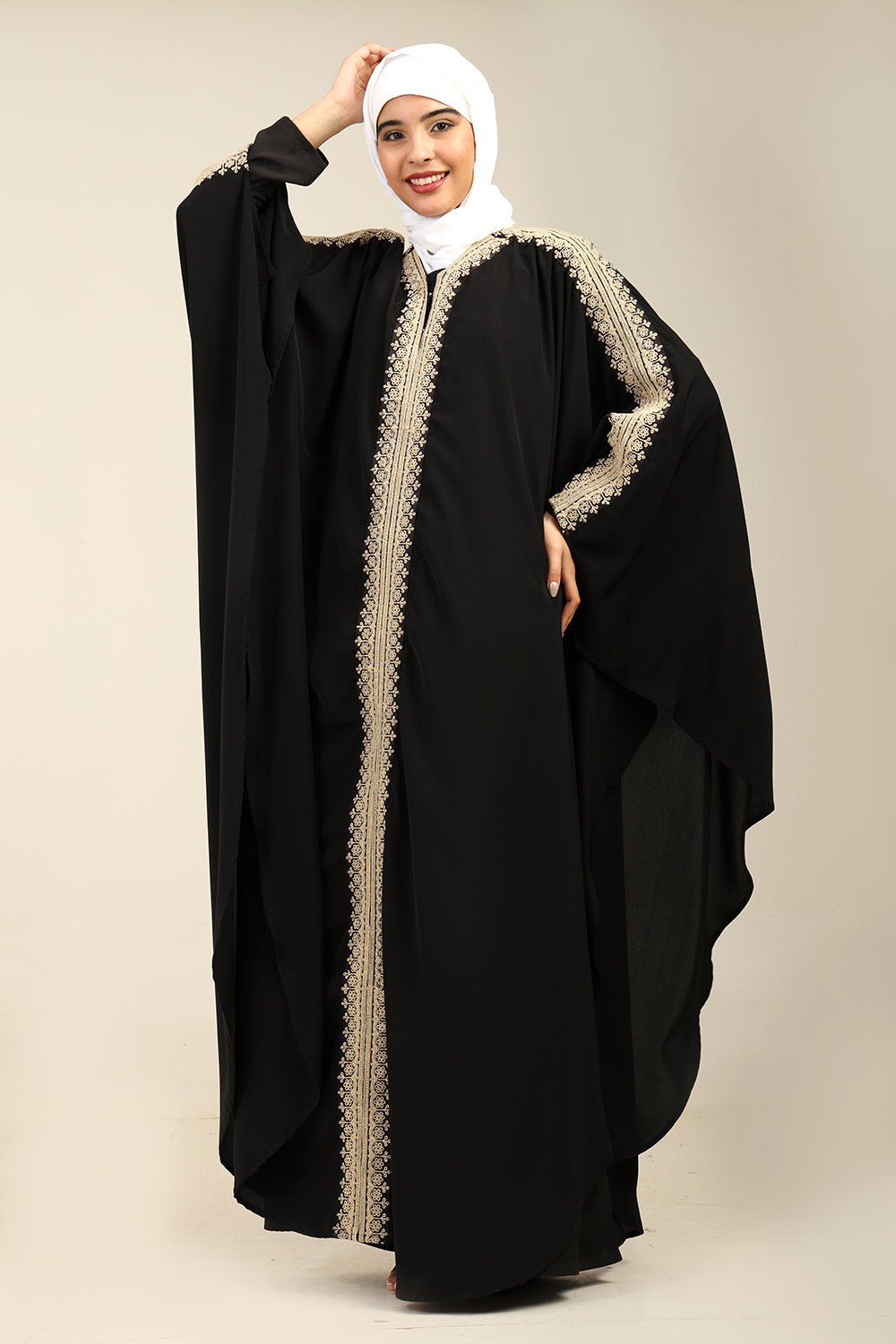 Elegant Embroidered Nida Kaftan Abaya with Batwing Sleeves - EastEssence.com