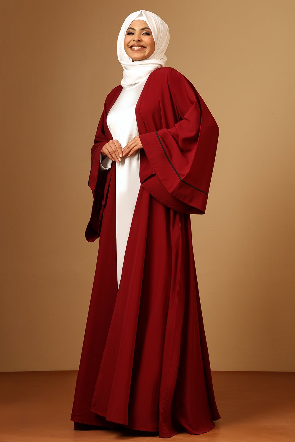 Elegant Flowing Maroon Firdous Mahram bell Sleeve 2 Pc set Abaya with Inner - EastEssence.com