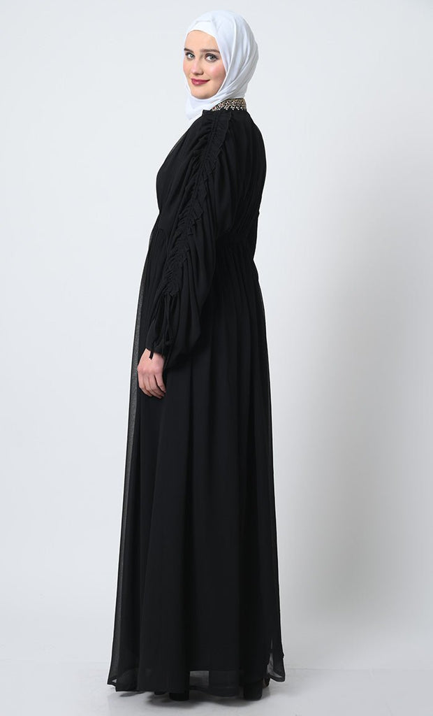 Elegant Georgette Abaya – Adjustable Sleeves, Elastic Waist, V - Neck with Satin slip - EastEssence.com