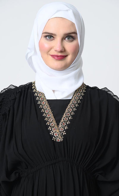 Elegant Georgette Abaya – Adjustable Sleeves, Elastic Waist, V - Neck with Satin slip - EastEssence.com