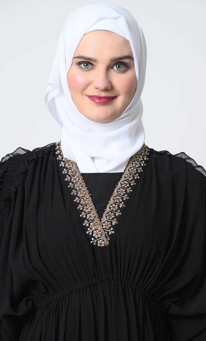 Elegant Georgette Abaya – Adjustable Sleeves, Elastic Waist, V - Neck with Satin slip - EastEssence.com