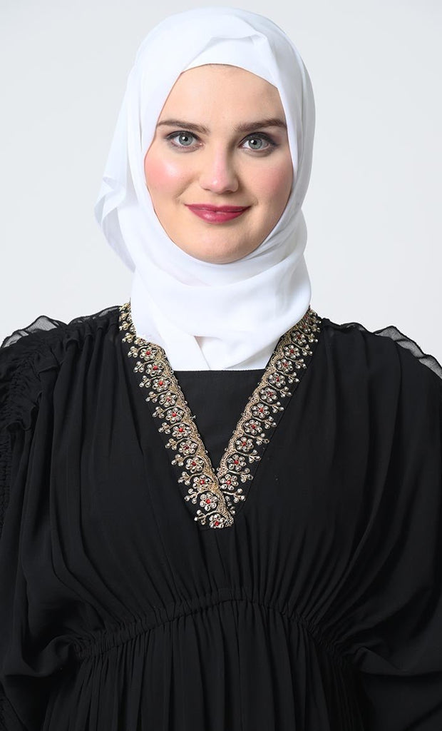 Elegant Georgette Abaya – Adjustable Sleeves, Elastic Waist, V - Neck with Satin slip - EastEssence.com