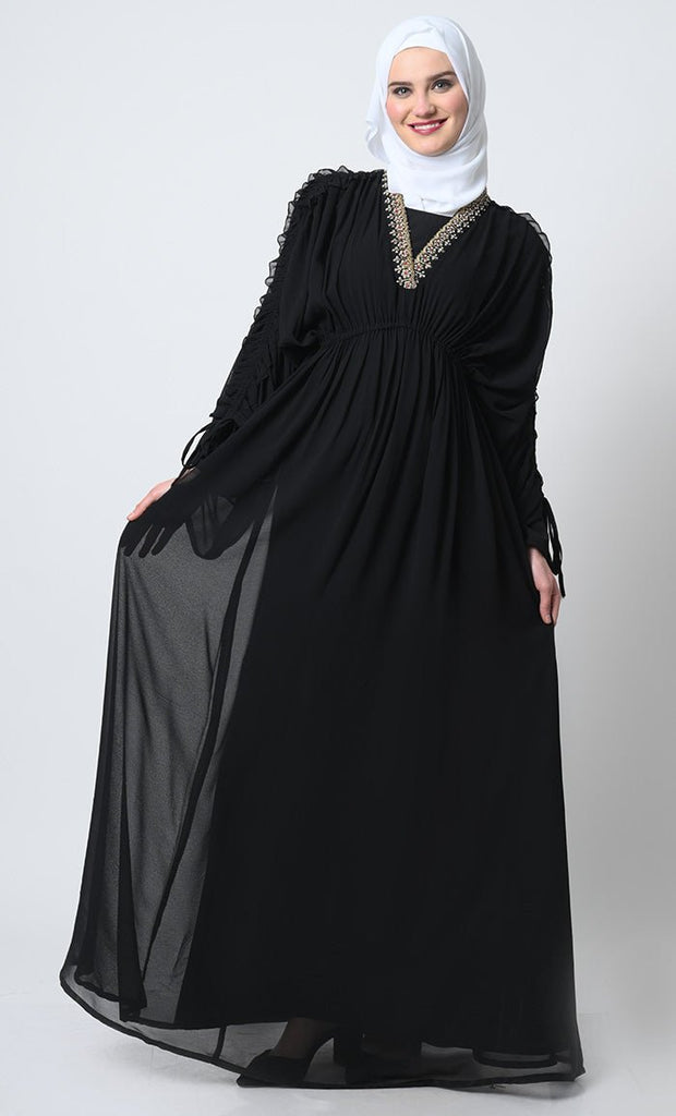 Elegant Georgette Abaya – Adjustable Sleeves, Elastic Waist, V - Neck with Satin slip - EastEssence.com