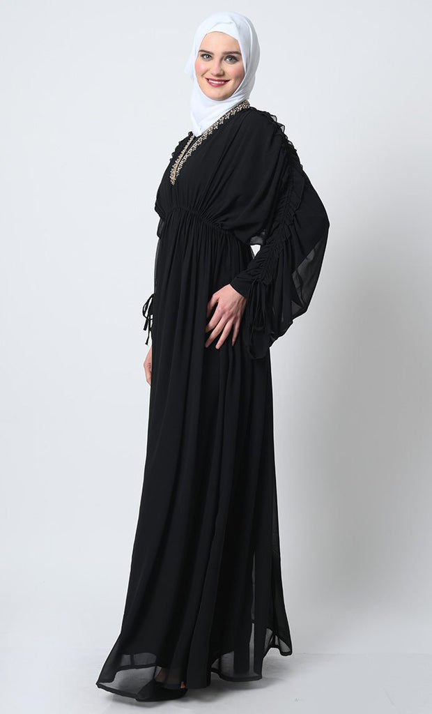 Elegant Georgette Abaya – Adjustable Sleeves, Elastic Waist, V - Neck with Satin slip - EastEssence.com